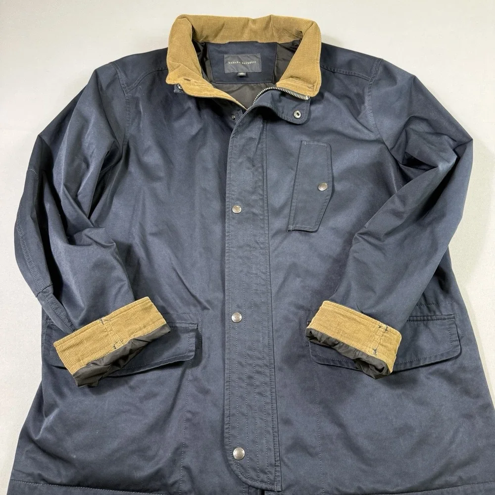 Banana Republic Jacket Mens XL Navy Hooded Utility Field Coat Corduroy Trim EUC